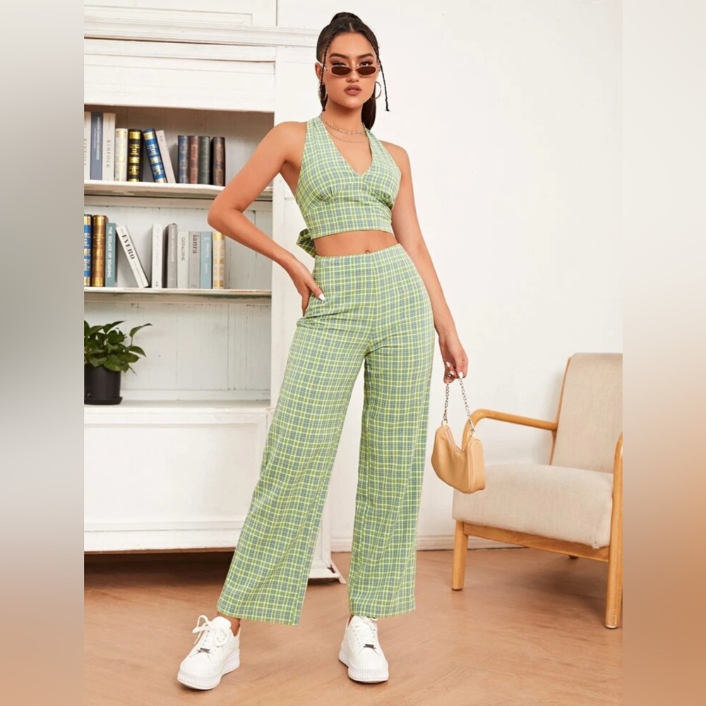 Mint Green Wide Leg Pants with Gingham Check
